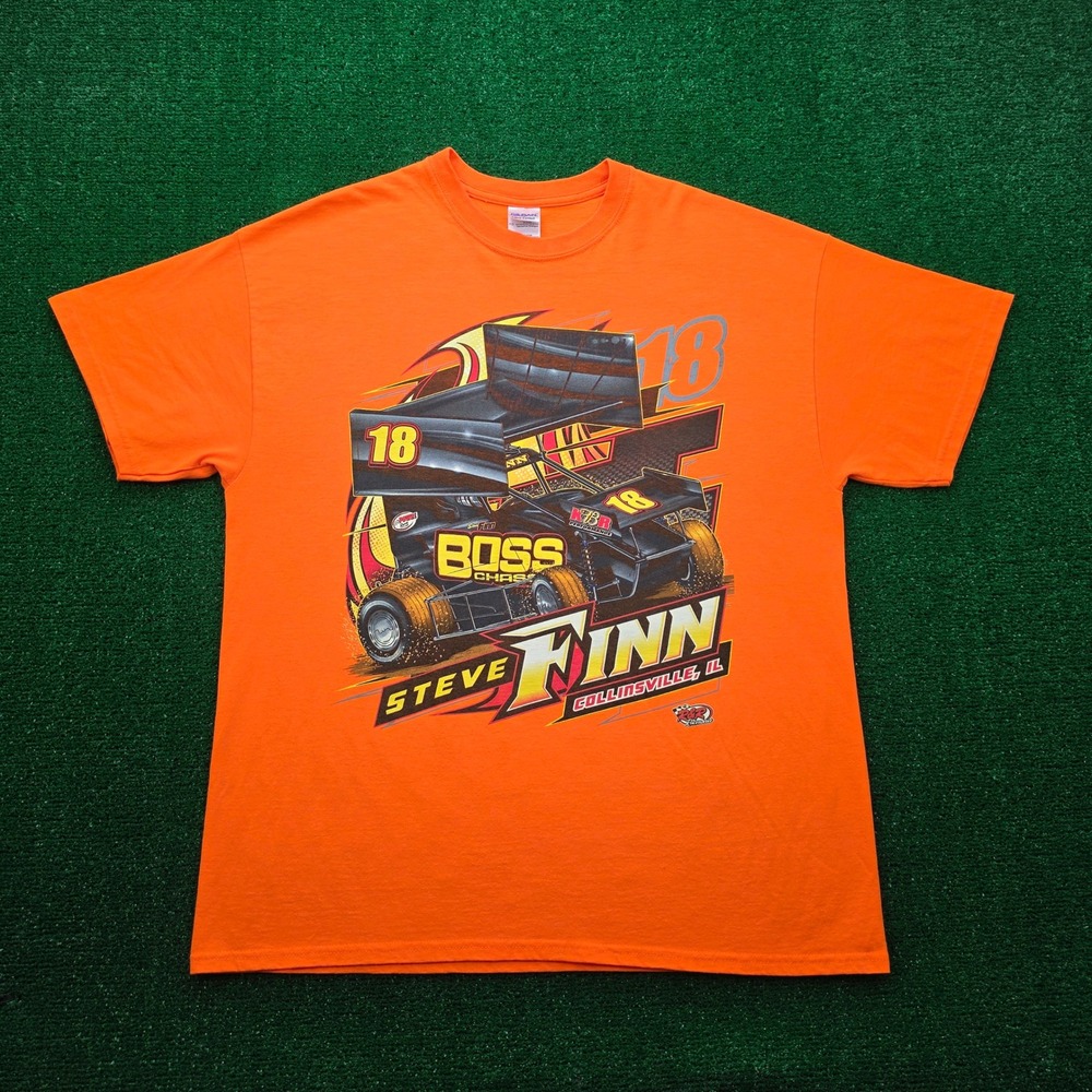 Steve Finn #18 Sprint Car Dirt Track Racing Graphic Tshirt Mens XL Orange
